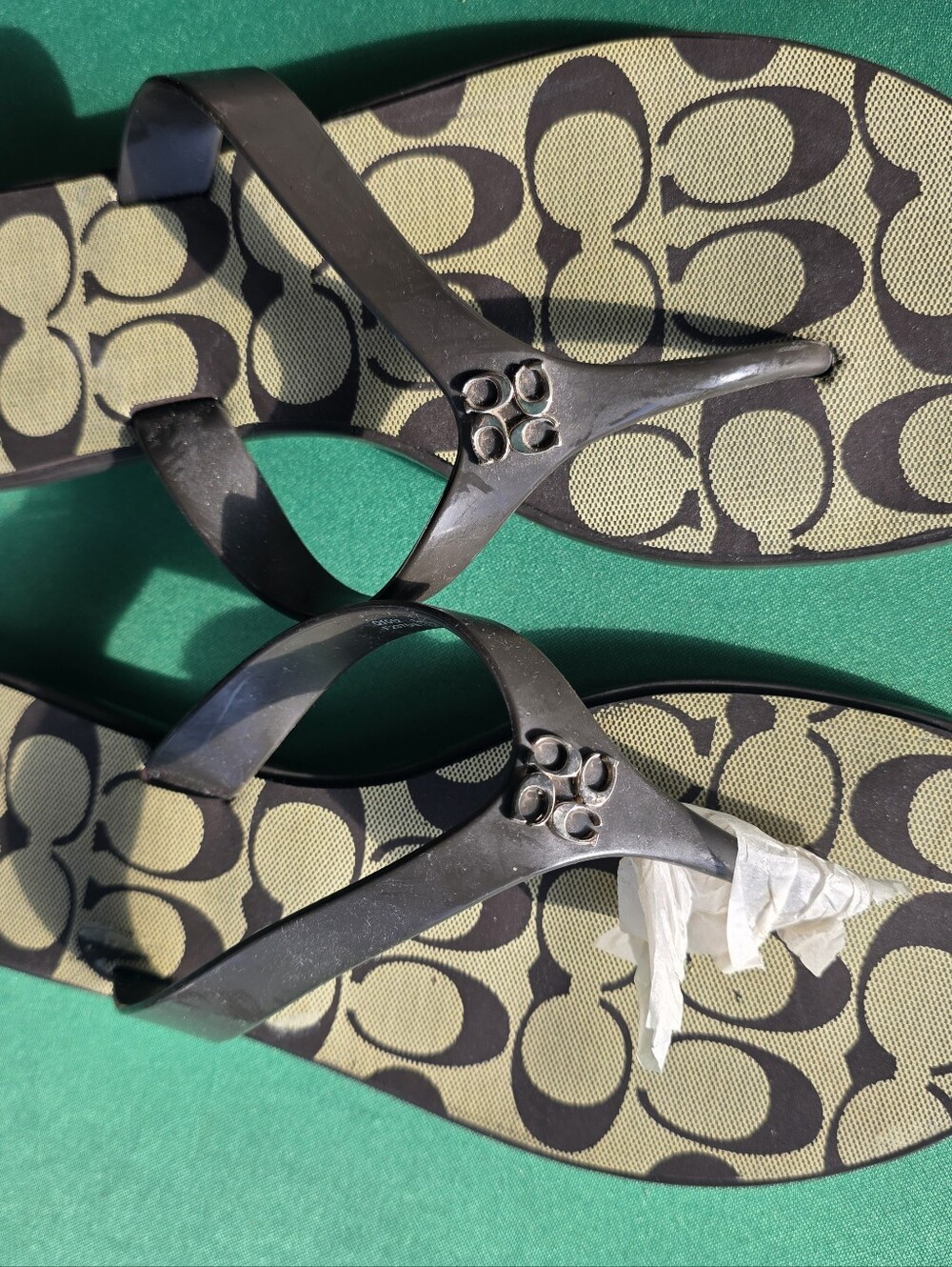 Coach Black Strappy Flip Flops with Tan Signature Monogram Footbed